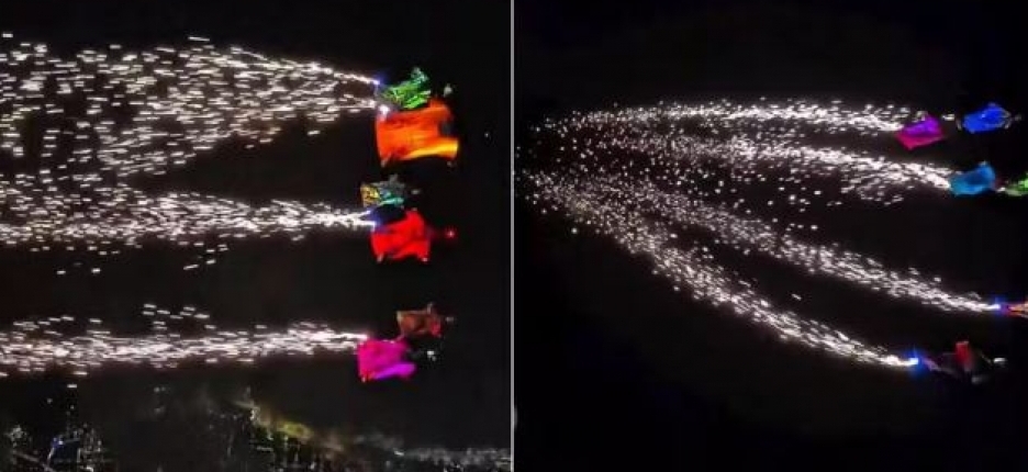 'Cometas humanos': grupo de paraquedistas faz salto com iluminao especial no cu de Fortaleza